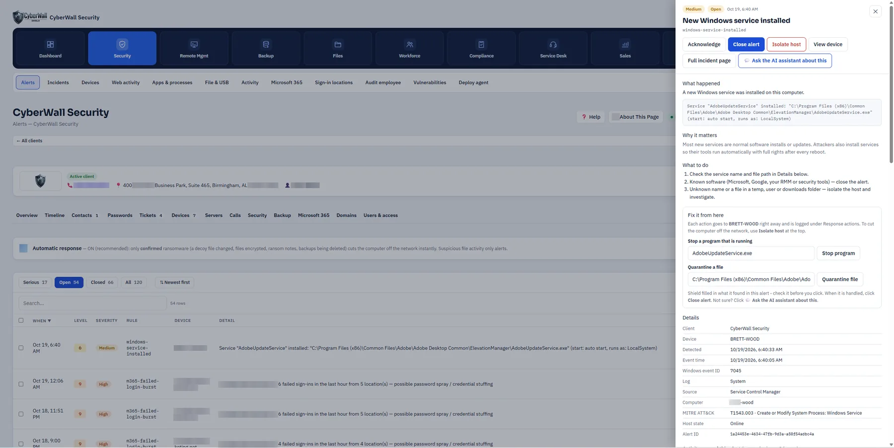 An alert opened: what happened, why it matters, and fix-it buttons - stop the program, quarantine the file, isolate the computer.