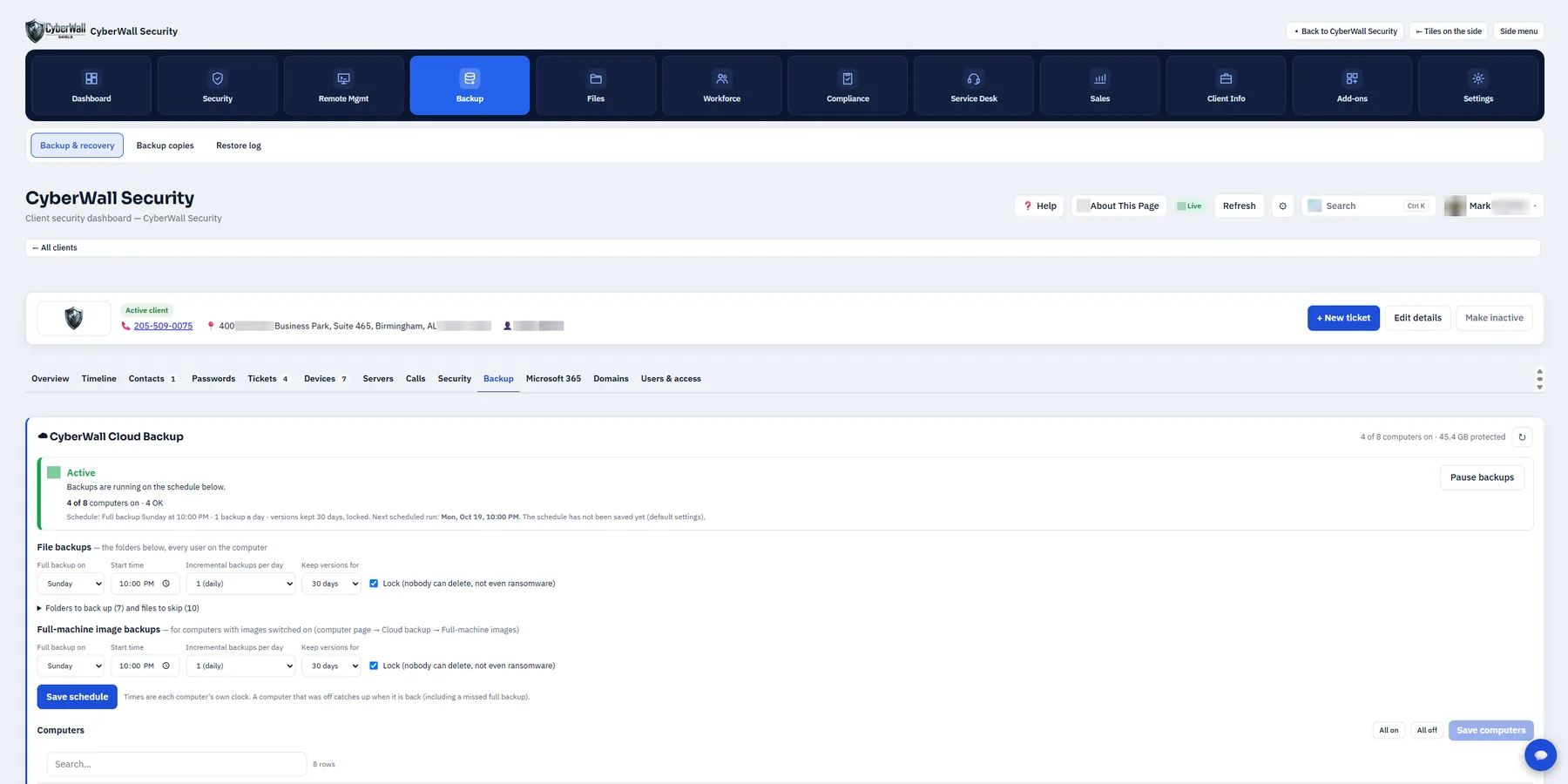 Cloud backup for a company: schedule, locked versions and every computer's status.