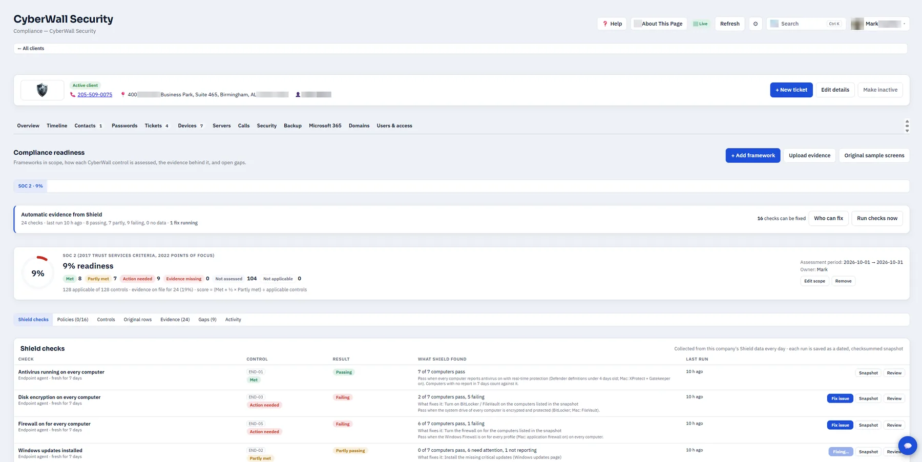 Compliance readiness with Shield's automatic checks and Fix issue buttons.