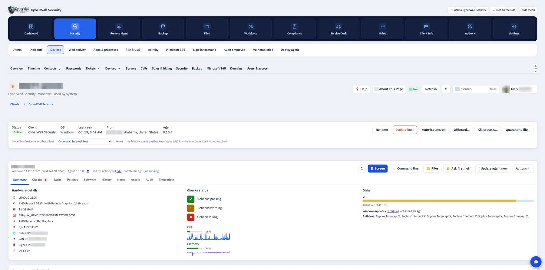 One computer: hardware, checks, disks, updates and antivirus, with screen, command line and files one click away.