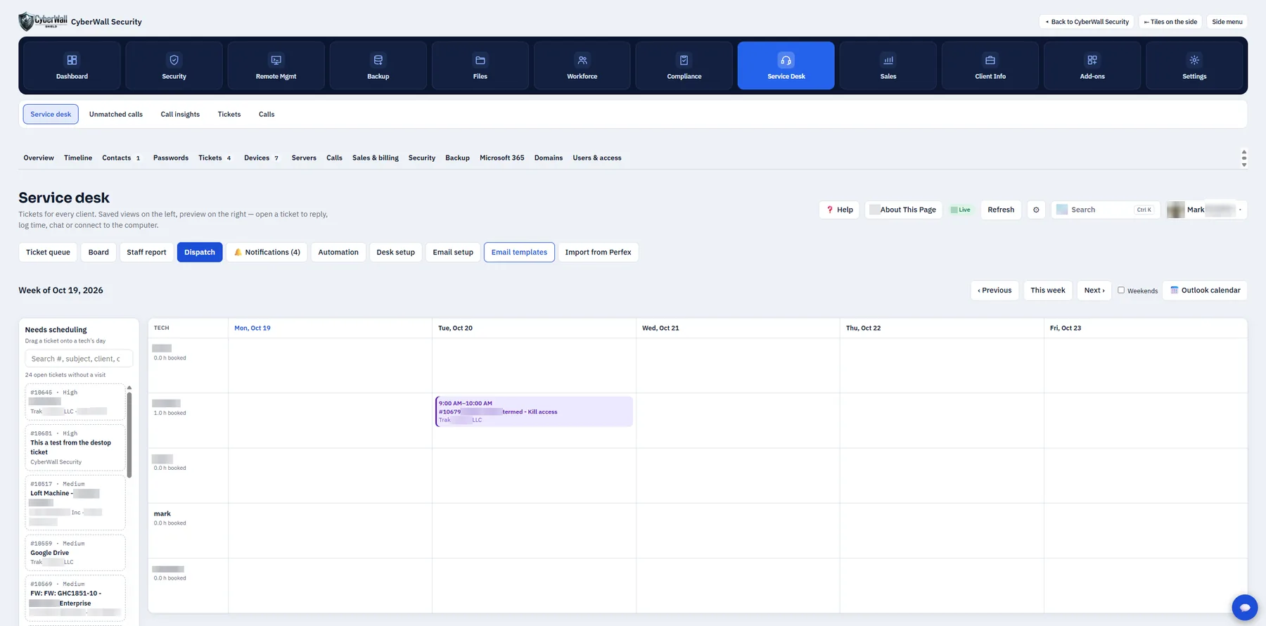 Dispatch: drag a ticket onto a technician's day; it shows up in their Outlook calendar.