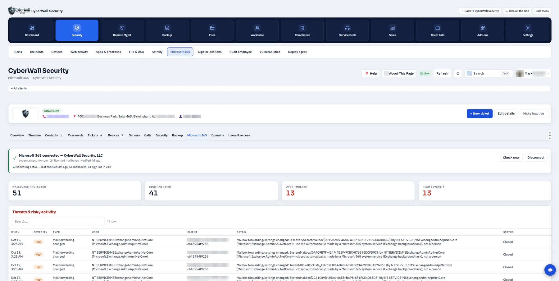 Microsoft 365 monitoring: mailboxes, sign-ins and risky changes - with system noise closed automatically.