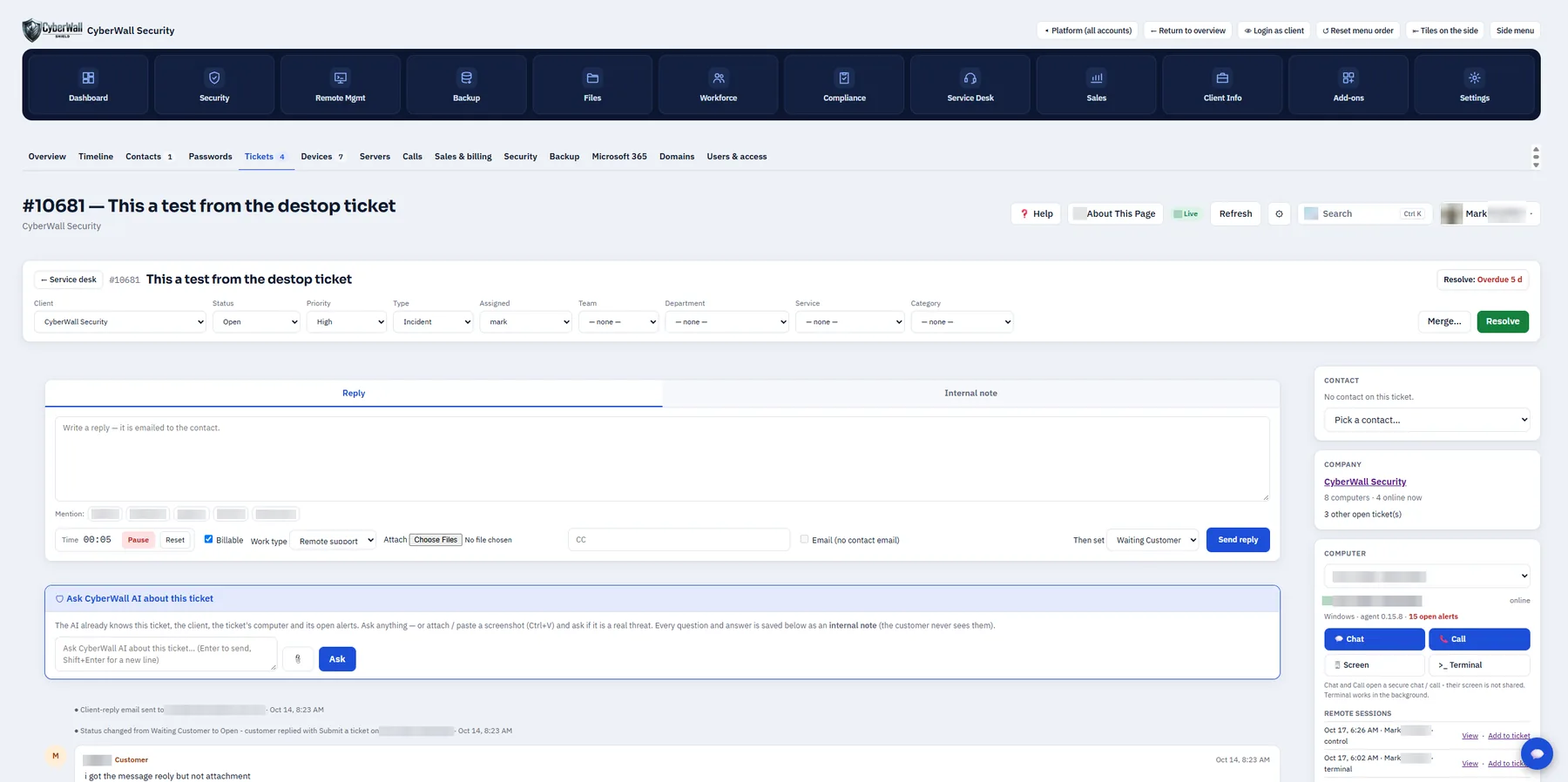 A ticket with reply, time tracking, the client's computer and an AI assistant that already knows the case.
