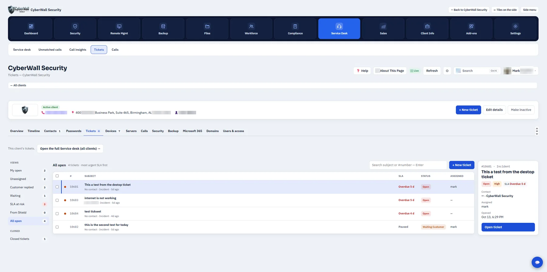A client's tickets with saved views and SLA status.